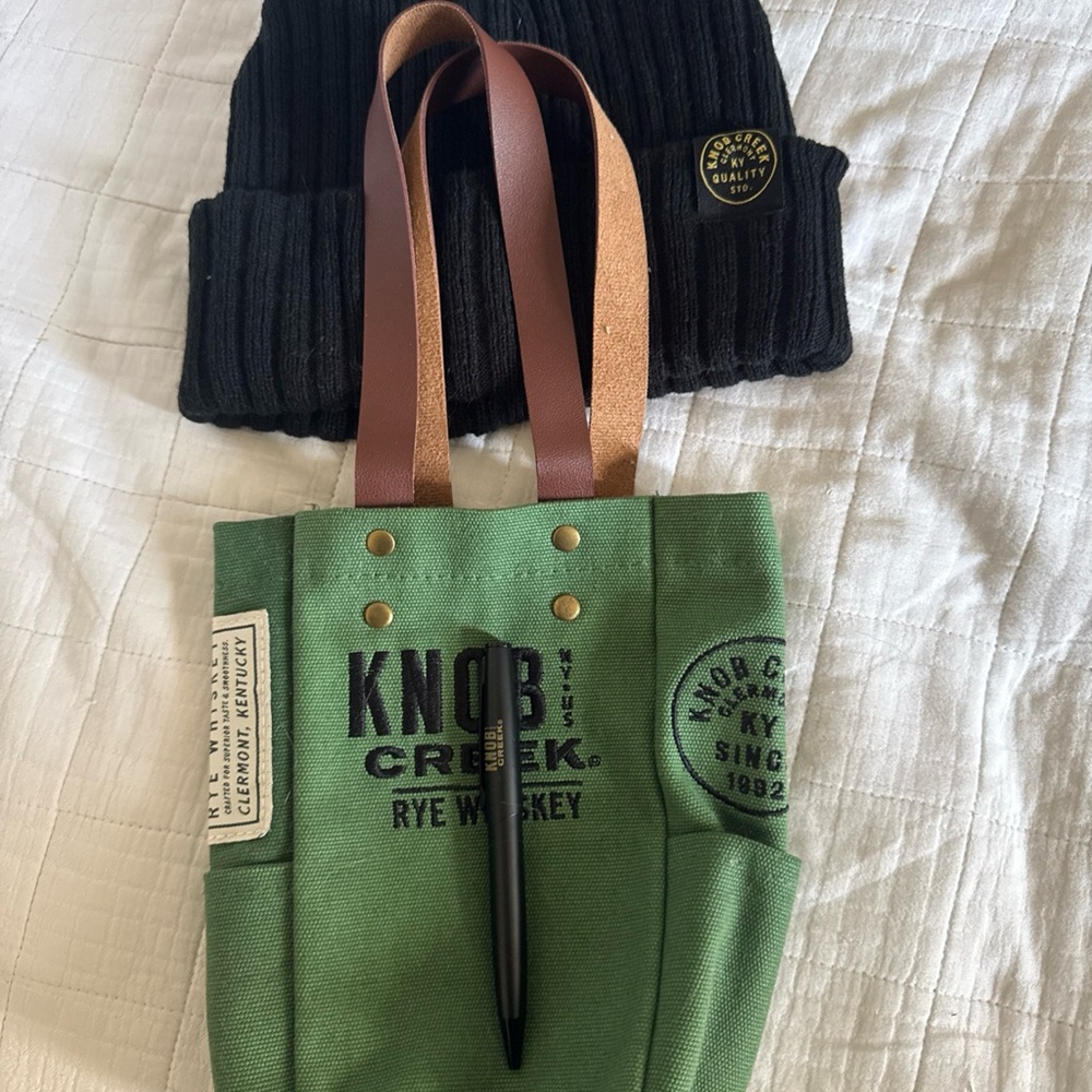 Knob Creek Green Tote with Black Beanie and a Pen
